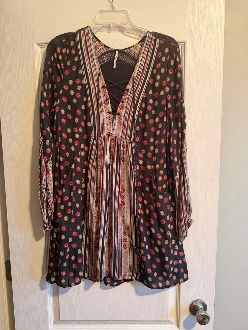 Free People Black Floral & Stripe Lace-Up Boho Dress